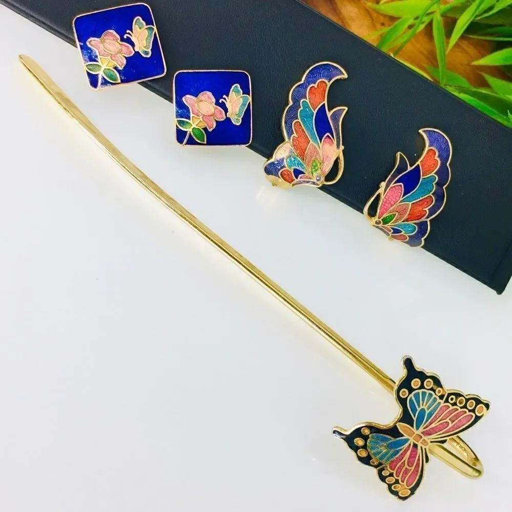 Vintage Cloisonne Butterfy Earrings Bookmark Flower Gold Blue Red colorful 4441